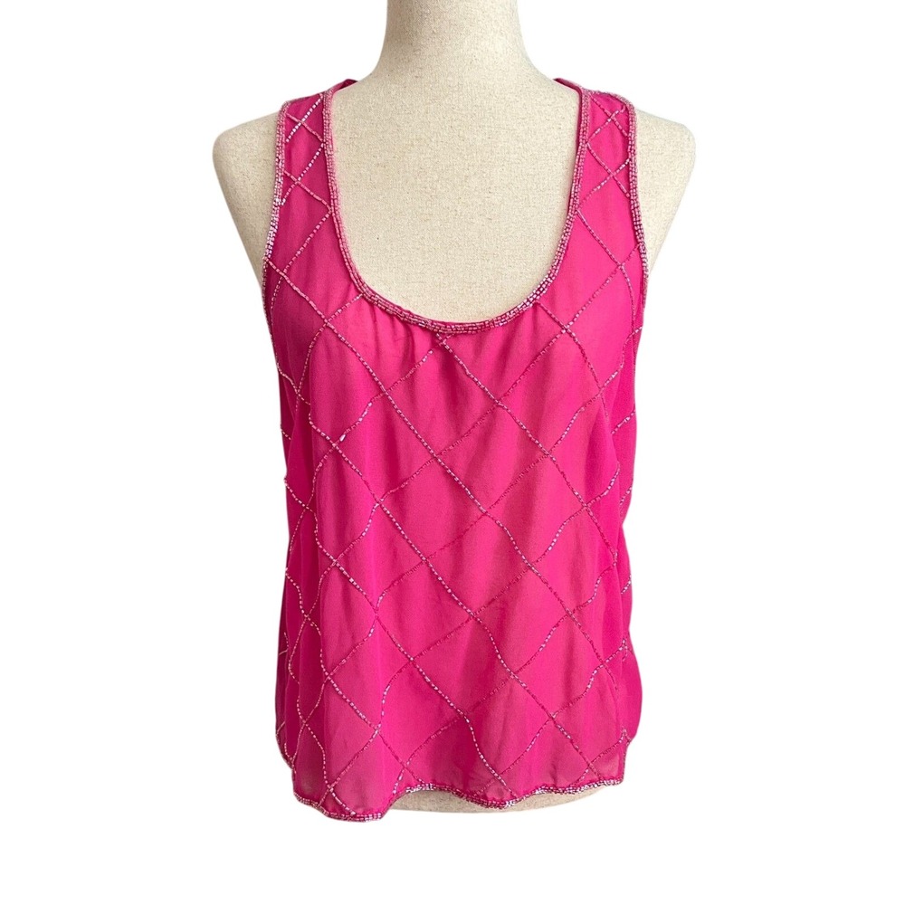 y2k Pink Sheer Beaded Sleeveless Blouse Studio Spa Tank Top Size S Going Out